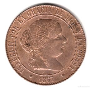 Münzen von Spanien: ESPAÑA 5 centimos de escudo 1867 Sevilla S/C Reina Isabel II
